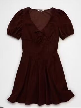 American Eagle V-Neck Ruffle Brown Corduroy Mini Dress